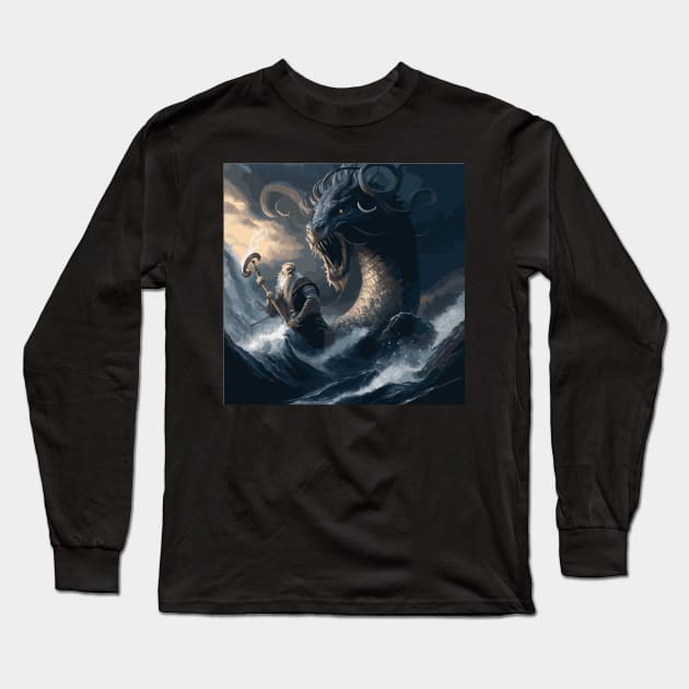 Whosoever Holds This Rope - Thor Fighting a Huge Serpent Illustration Long Sleeve T-Shirt by gmnglx
